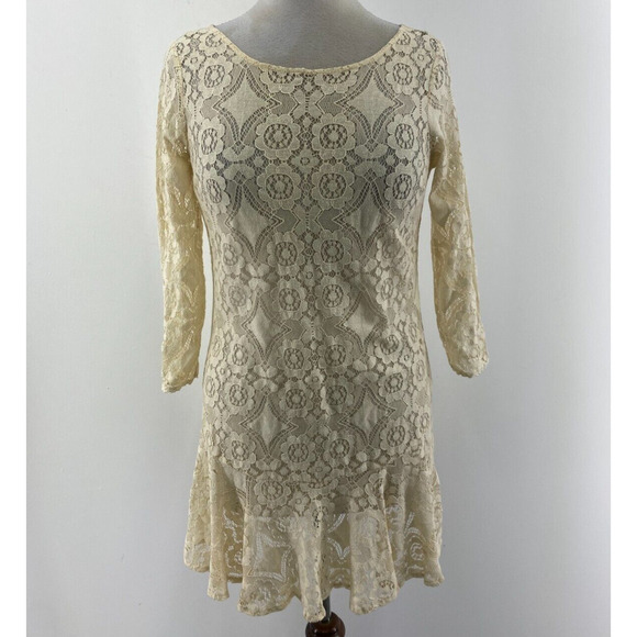 Free People Walking To Sun Cream Sheer Lace 3/4 Sleeves LS Mini Dress Womens 4 - Picture 1 of 5